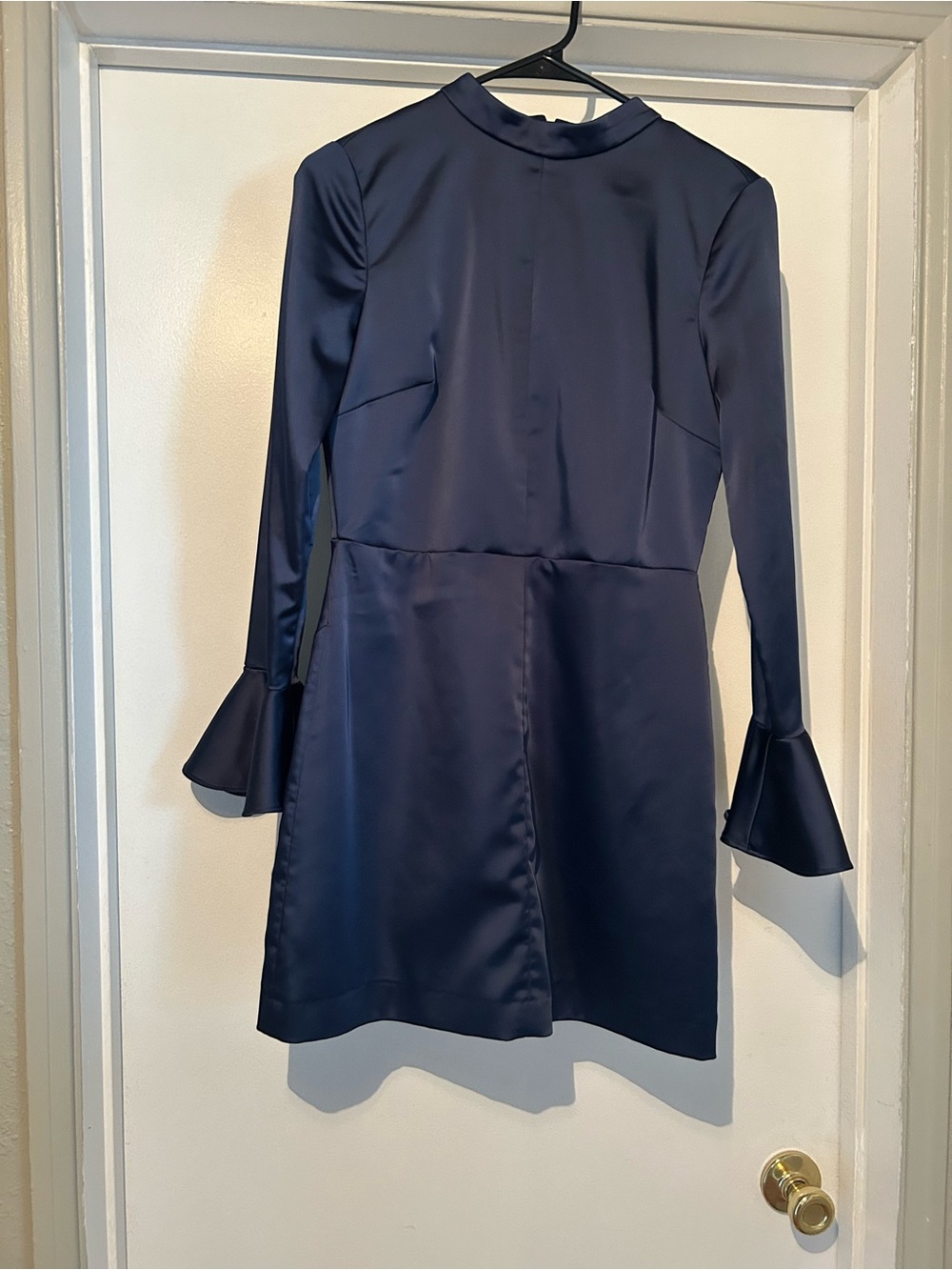 Zara Navy Satin Long-Sleeve Dress with Flared Cuffs